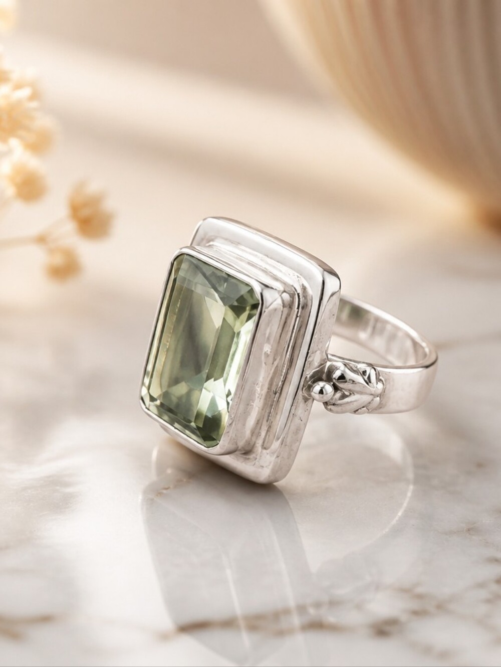 Sterling Silver Rectangular Green Amethyst Ring - Women's Jewelry sz 8